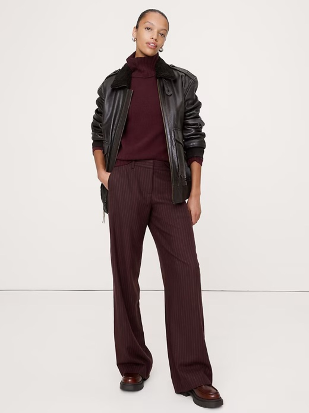 NEW! BANANA REPUBLIC BURGUNDY STRIPE THE EVERYDAY WIDE-LEG PANT IN FLANNEL